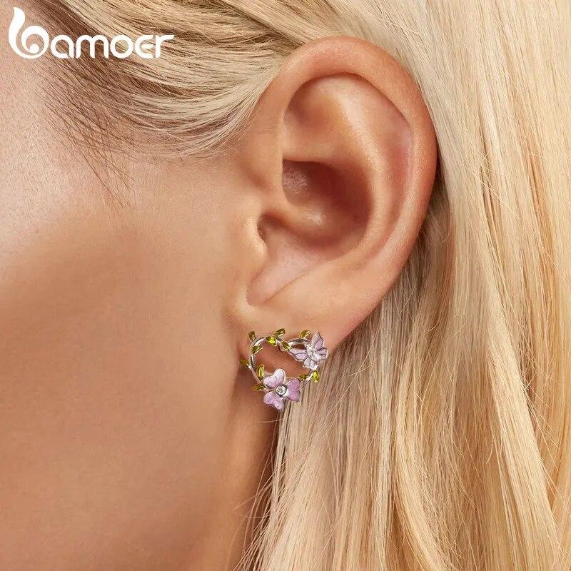Серьги-гвоздики Bamoer из стерлингового серебра 925 пробы с цветком глицинии и бабочкой, серьги-гвоздики с сердцем и виноградной лозой для женщин и девочек, романтические изящные ювелирные изделия