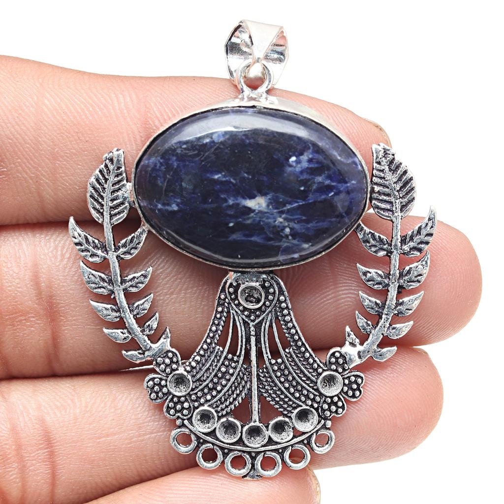 Pendant Blue Sodalite Gemstone Valentine'Day Gift Silver Jewelry 2.25"
