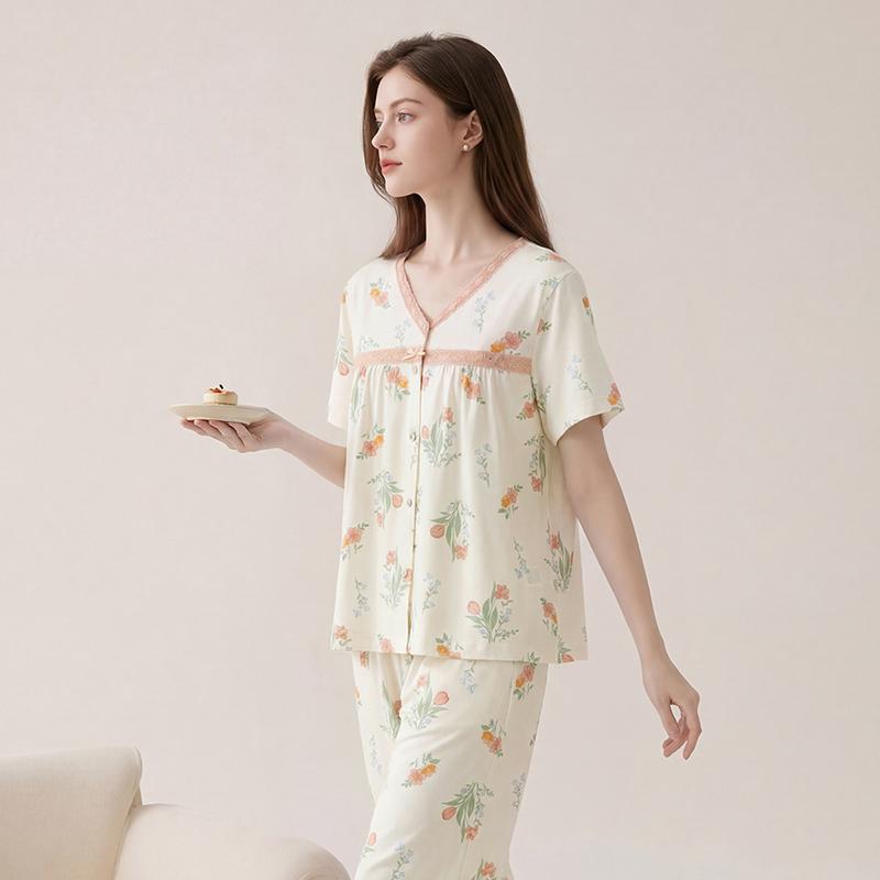 Fenteng 100% Cotton Antibacterial and Mite-proof Women's Home Clothes Pajama Set with Lace Flower Thin Edition