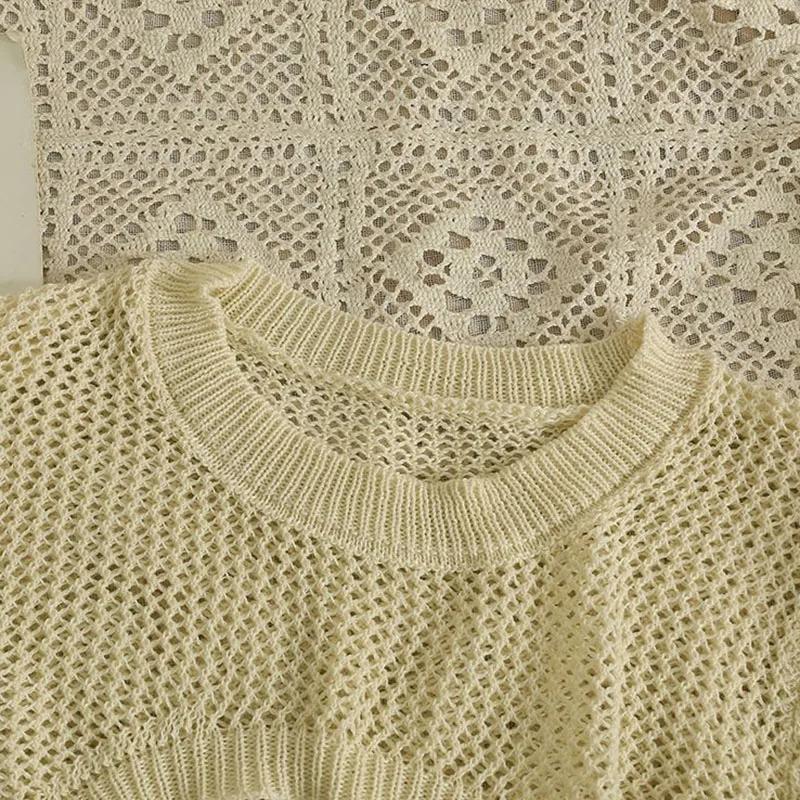 Полая тонкая рубашка с длинными рукавами, женская летняя и осенняя короткая трикотажная блузка с круглым вырезом