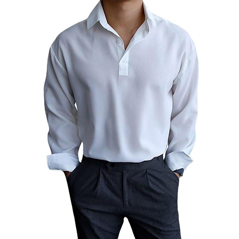 Men Lapel Half Placket Solid Long Sleeve Henley Casual Shirt