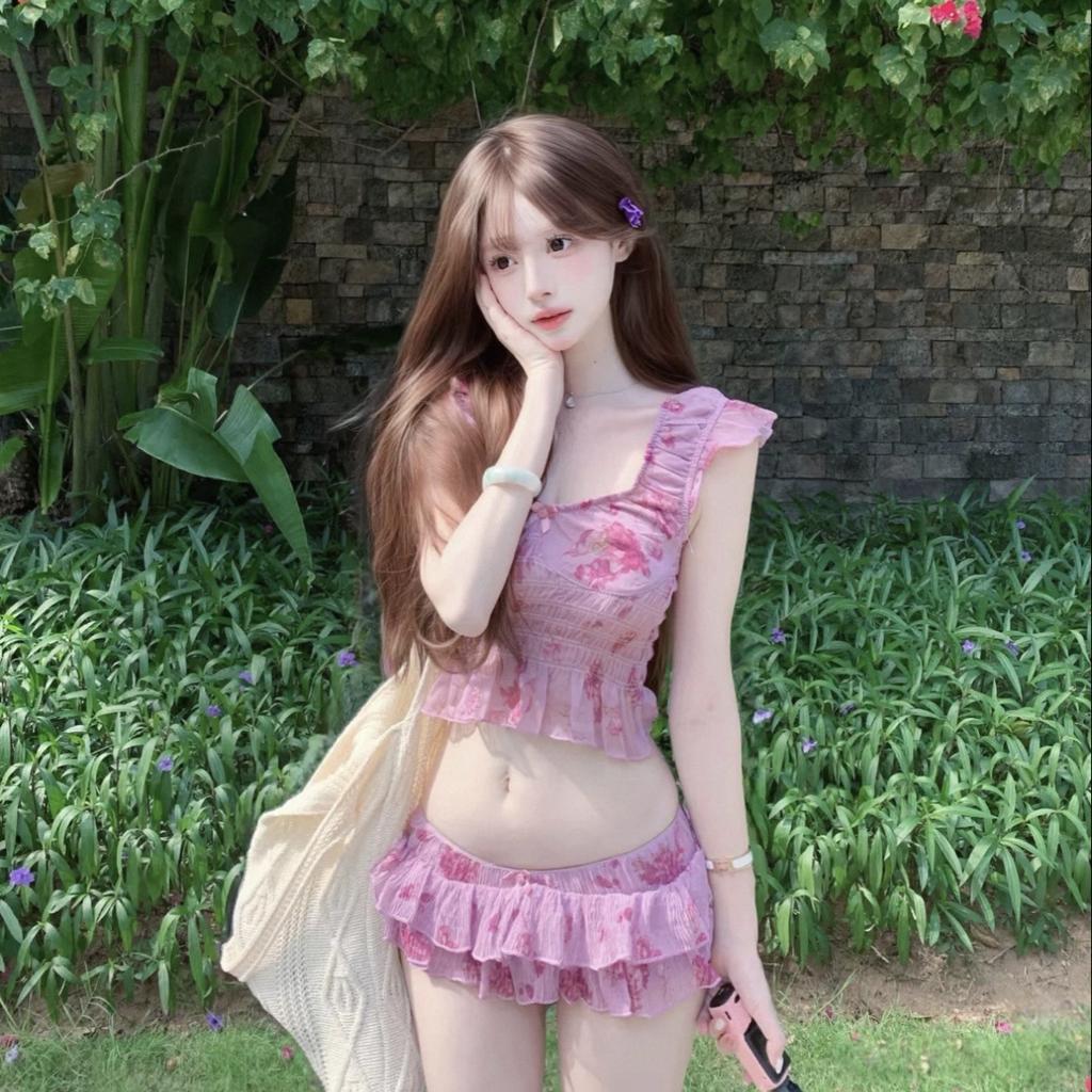 Thai-style beautiful swimsuit female summer giant good-looking island bright off-the-shoulder top low-rise skirt two-piece set