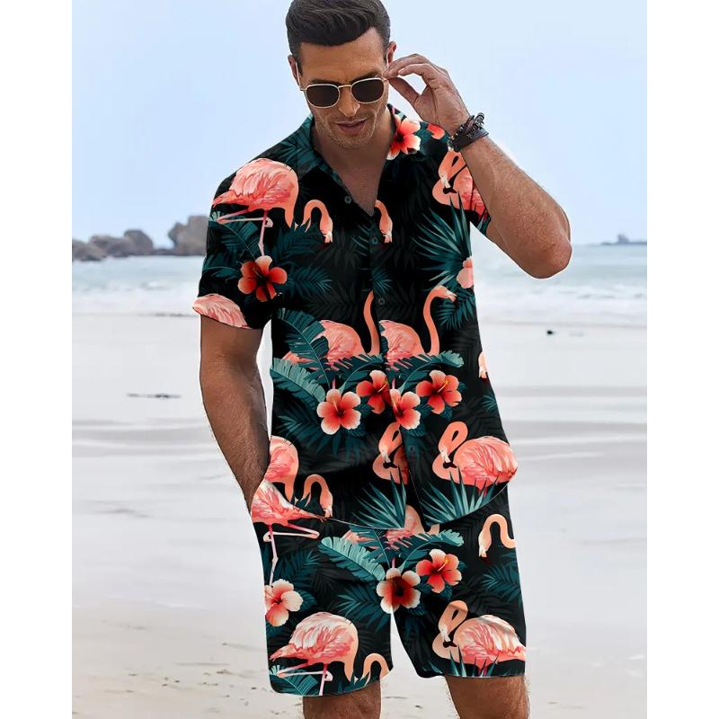 Men's 3D Flamingo Printed Shirts Hawaiian Beach Vacation Short Sleeve Shorts 2 Piece Summer Hip Hop Trend Fashion Men Sets