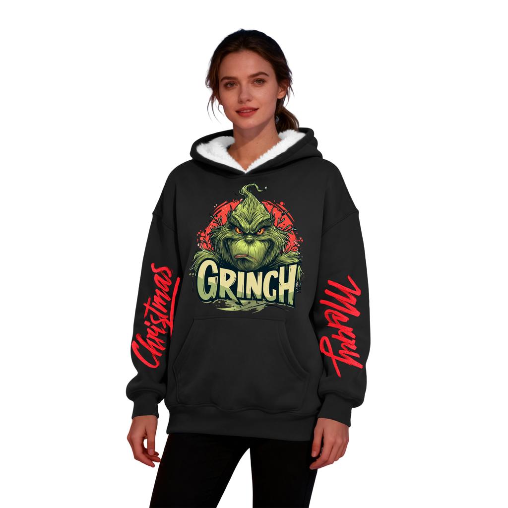 Women's Casual Fashion Plus Velvet Thickened Christmas Print Hooded Sweatshirt