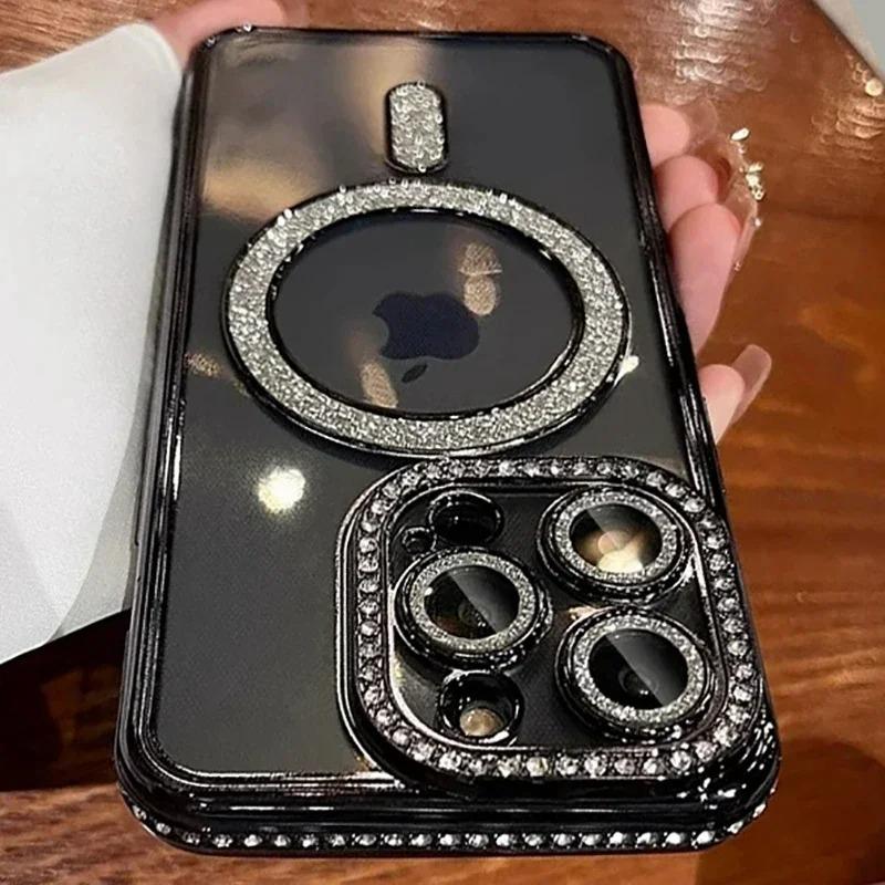 Мягкий Магнитный Беспроводной Заряд Алмазный Чехол для Телефона для iPhone 11 12 13 14 15 16 Pro Max Plus Блестящий Magsafe Бампер Задняя Крышка