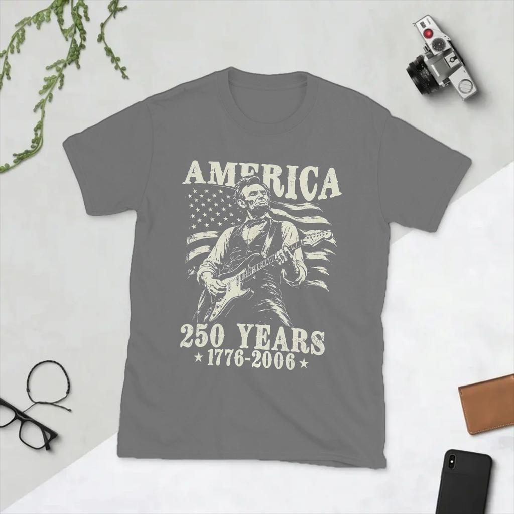 Abraham Lincoln Playing Guitar 4th July 250th Anniversary Unisex T Shirt Vintage Tees Short Sleeve TShirts Pure Cotton Clothing