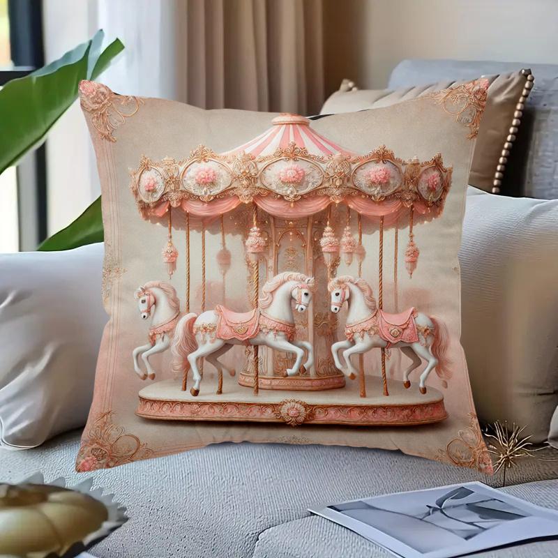 Pink Vintage Carousel Pattern Pillowcase Polyester Home Decor Cushion Cover For Bedroom