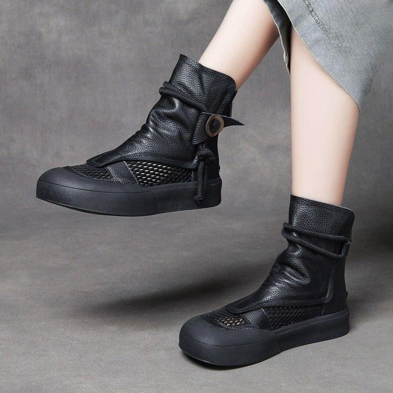 Ретро-ботинки Hollow Out Cool для женщин, толстая подошва, настоящая мягкая кожа, повседневная губчатая подошва, закрытый носок, короткие сетчатые ботинки