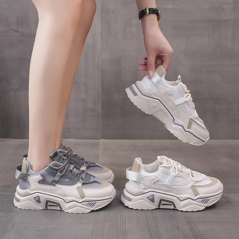 Новый стиль, дышащая, на толстой подошве, модная, спортивная и досуговая, студенческая обувь, подходящая по цвету, для женщин, кроссовки на платформе
