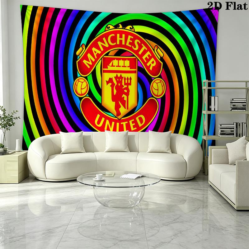Manchester United Football Club Crest Wall Tapestry Red Blue Split Honeycomb Background Hanging Cloth Fan Home Decor