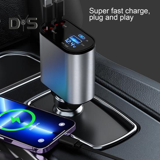 Автомобильное зарядное устройство с двойным выдвижным кабелем типа C, 8-контактный USB, 3A, 2,4A, напряжение, цифровой дисплей, универсальный, 100 Вт, высокая мощность, быстрая зарядка, автомобильная зарядка