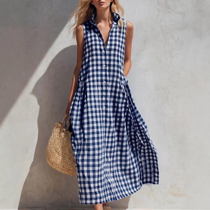 Women's Gingham Sleeveless Collared Loose Maxi Dress Casual Summer Dress