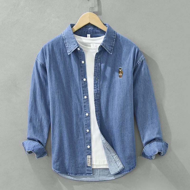 Японская повседневная джинсовая рубашка с вышивкой и длинными рукавами - простая, модная, трендовая, свежая.