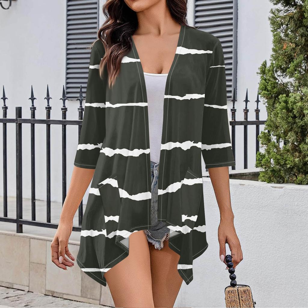 Женский кардиган неправильной формы с принтом, рукавами три четверти и карманной курткой