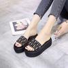 6cm High-heeled Rhinestone Slippers Women Summer Wear All-match Rivets Thick-soled One-word Drag High-heeled Shoes Crystal Sequins