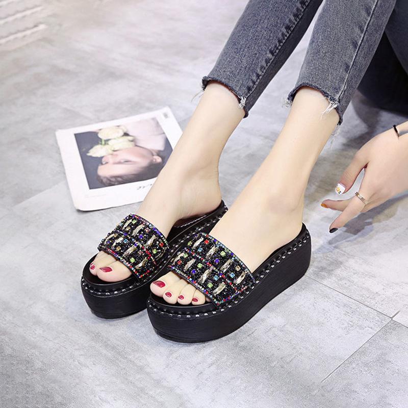6cm High-heeled Rhinestone Slippers Women Summer Wear All-match Rivets Thick-soled One-word Drag High-heeled Shoes Crystal Sequins