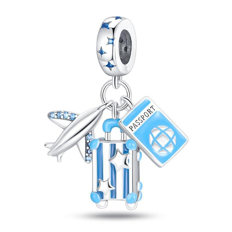 S925 Silver Travel Theme Airplane Luggage Camera Charm Bead DIY Jewelry Bracelet Accessory Set