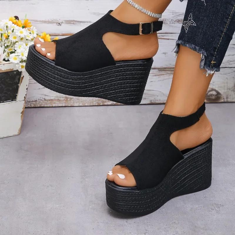 2024 New Solid Color Women's Wedge Sandals Summer Fashion Thick Sole Buckle Casual Comfortable Walking Sandals Women's Shoes