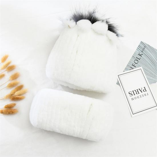 Knitted Women Warm Rex Rabbit Fur Hat Scarf Sets Winter Natural Rex Rabbit Fur Cap Scarves Russia Lady Fur Hats Muffler 2 Pieces