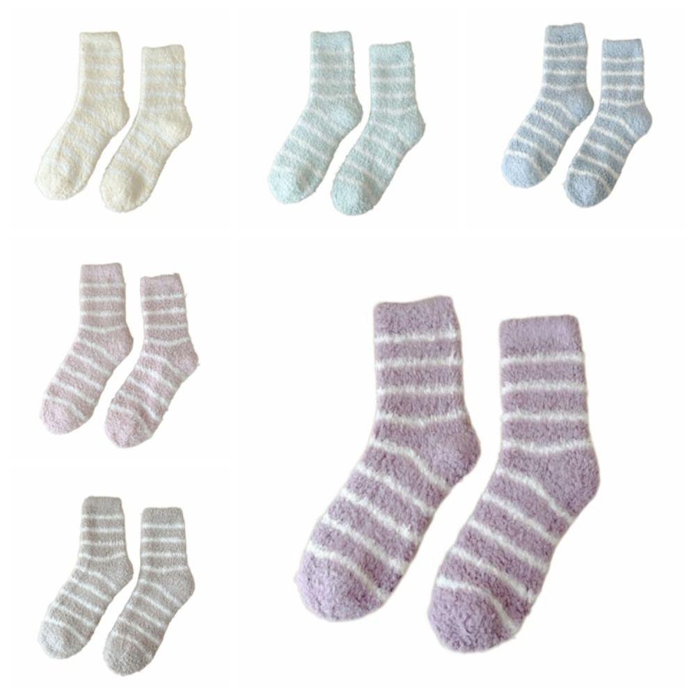 6Pairs Stripe Thicken Velvet Socks Patchwork Sleeping Socks Sweet Coral Fleece Socks  Girls