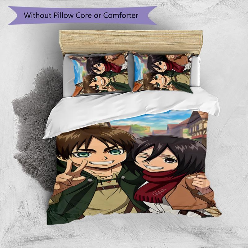 Eren & Mikasa 3pcs Bedding Set Duvet Cover Closure Includes 1 Duvet Cover & 2 Pillowcases for All Seasons Bedroom Home Dorm Decor