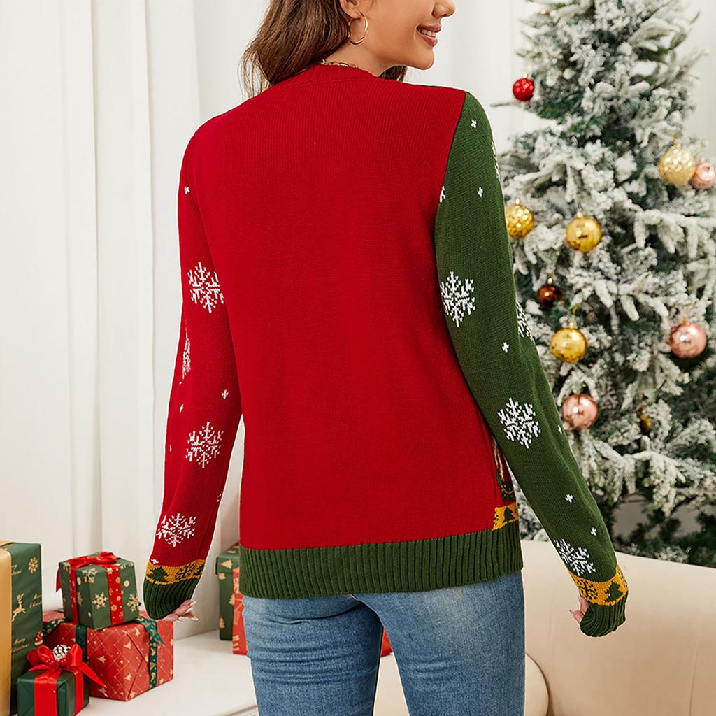 Женская мода осень и зима длинный рукав вязаный жакет рождественский кардиган свитер контрастный рождественский свитер