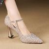 Rhinestone Pointed Single Shoes Women's Spring and Autumn New One-word Buckle Shallow Mouth with Cheongsam Shoes Wedding Shoes High Heels Women
