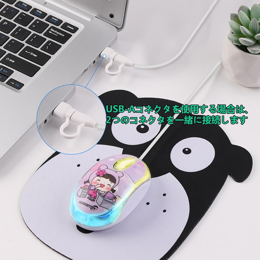 Wired Mouse and 2 Connections USB Wired Mouse 1000DPI Optical Mobile Cute Lightweight Symmetrical Compatible with USB-A USB-C Type-C