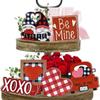 Valentine's Day Decor Tiered Tray Farmhouse Tray Decorations Indoor Buffalo Plaid Gnome Couple Love Heart Truck Wooden Signs Rustic Valentine Decor