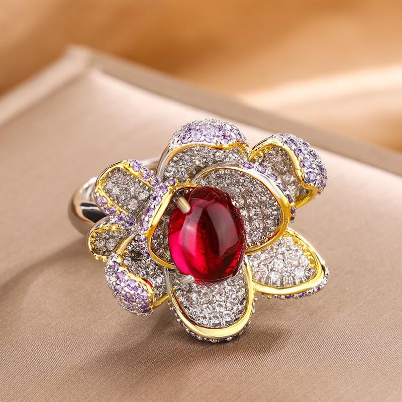 Womens Rose Jewelry Set Ruby Red Pendant Necklace Ring Elegant Bridal Party