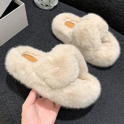 Модные пушистые тапочки с перекрестными ремешками для женщин, для улицы, осенне-зимние домашние тапочки, противоскользящий дизайн