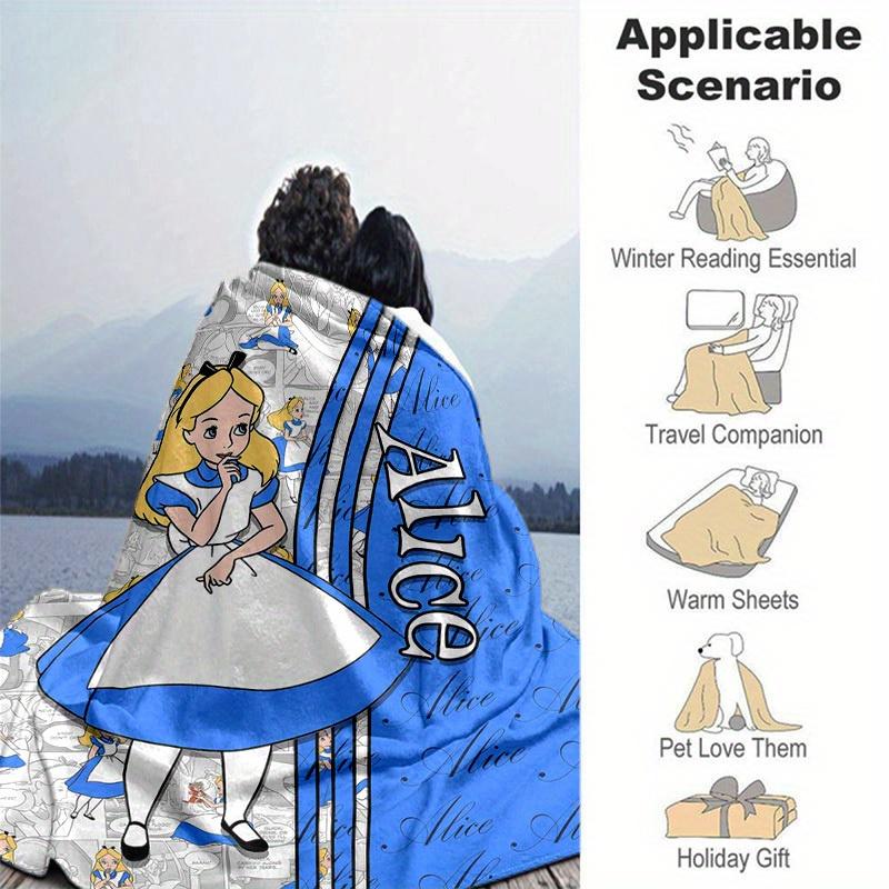 1pc. Alice in Wonderland Inspired Blue and White Blanket, Perfect for Home, Office, or Outdoor Use, Ideal Gift for Book Lovers and Fans of Classic Lit