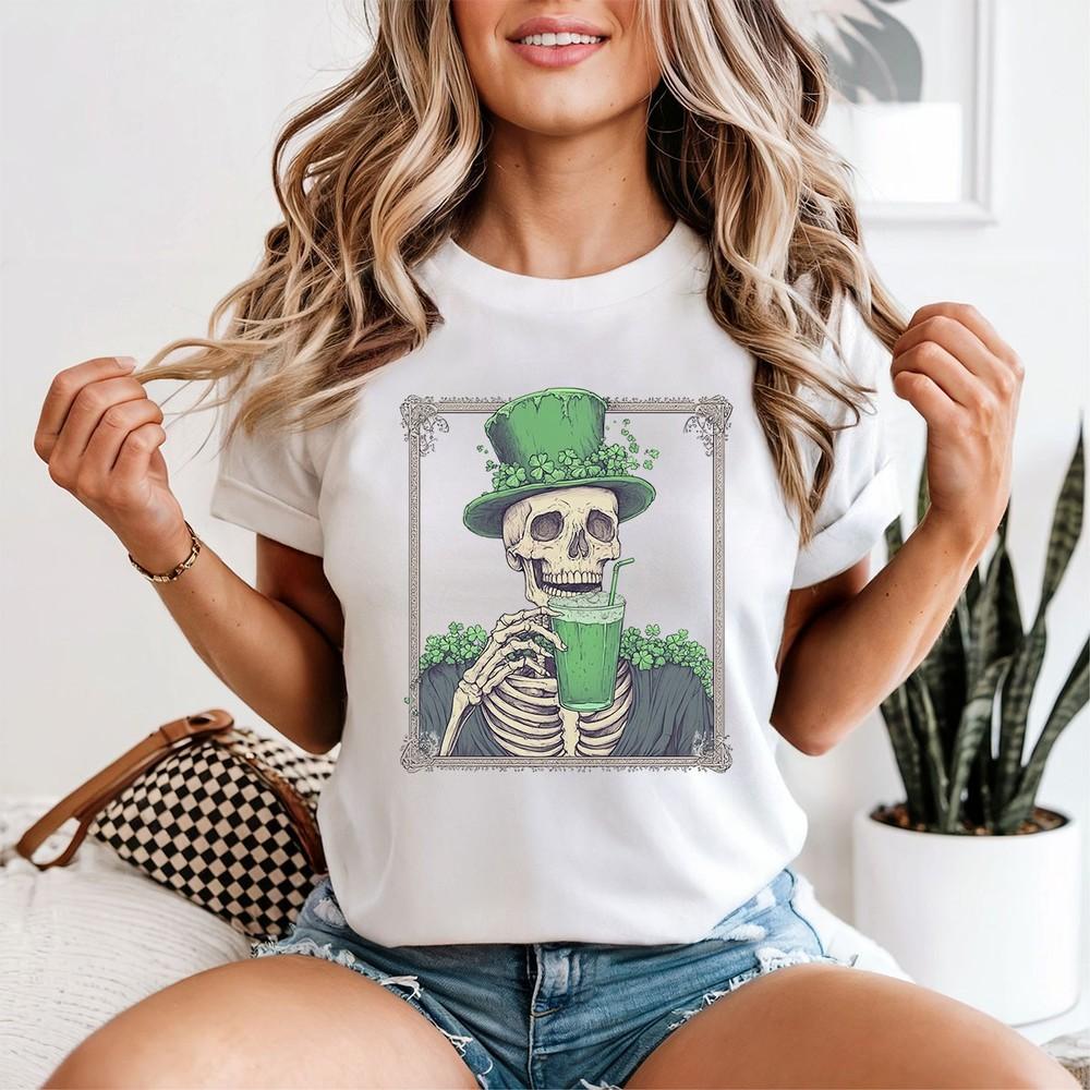 St Patricks Day Skeleton Shamrocks Womens T-Shirt Holiday Party