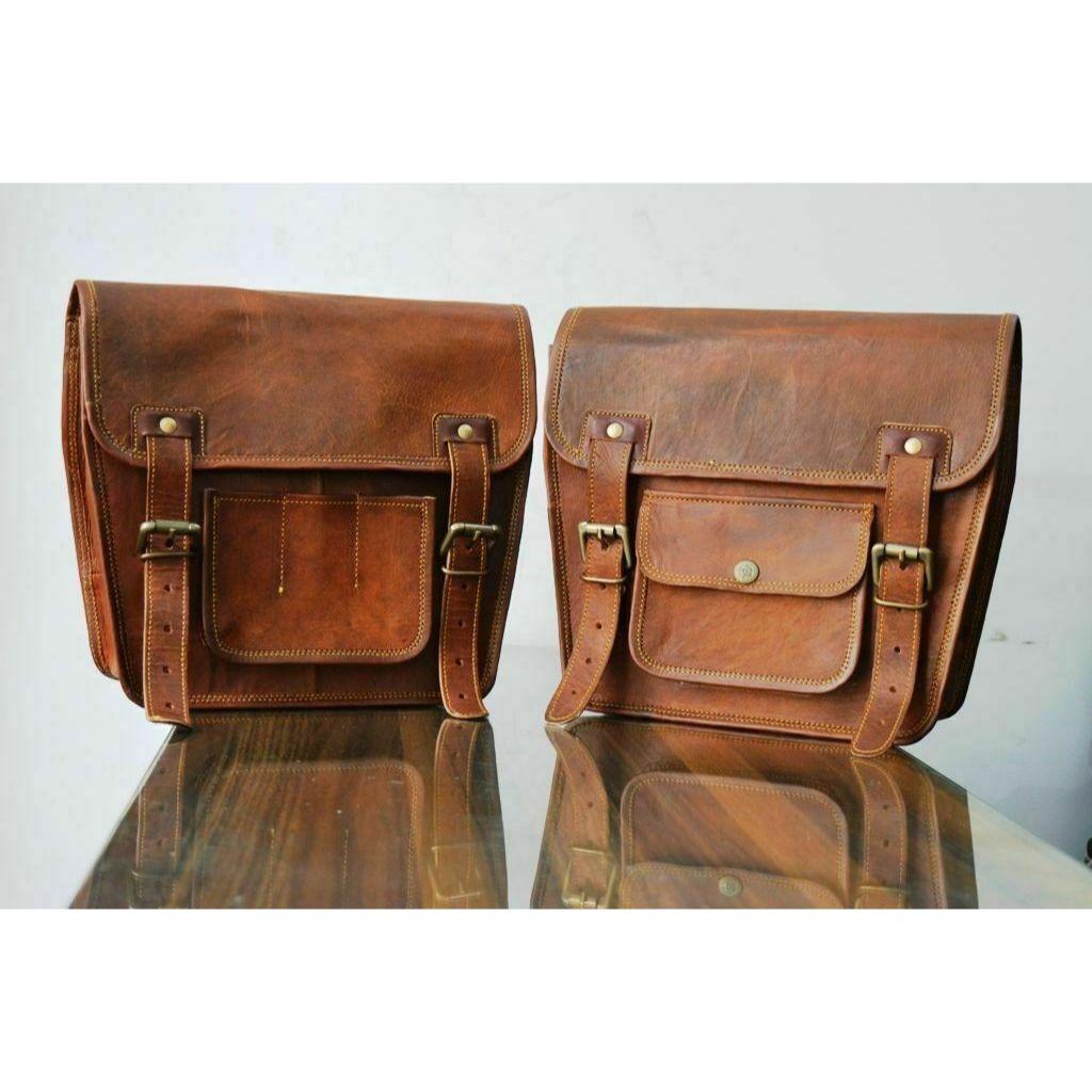 2 Brown Leather Motorcycle Saddle Bags Leather Side Pouch Panniers Real Goat