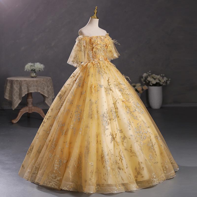 One-word shoulder champagne gold solo tutu student vocal art test performance uniform host annual meeting evening dress female
