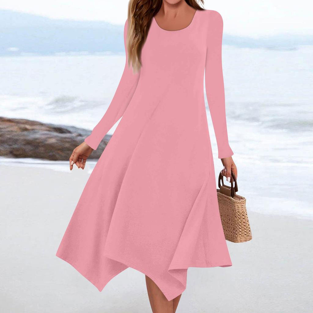 Women's Casual Fashion Round Neck Long Sleeve Solid Color Irregular Hem Midi Dress