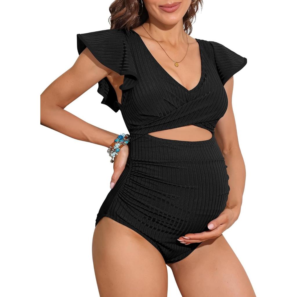 CHARMLEAKS Купальник для беременных в рубчик, цельный купальный костюм с рюшами и рукавами, рюшами и вырезами, завязывающийся узел, купальник для беременных