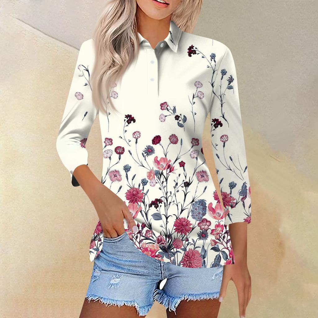 Женская модная повседневная рубашка с отворотом и рукавом 3/4, женские топы на пуговицах