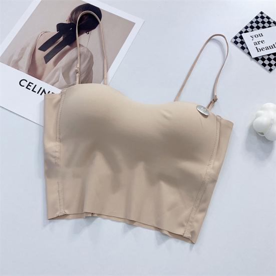 Yousheng Ice Silk Sling Vest with Chest Pad Adjustable Straps Beautiful Back Camisole Top Elastic Fabric Bottoming Tops