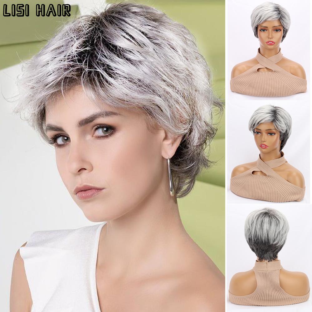 MISS WIG Синтетические смешанные серо-черные парики Короткие прямые натуральные парики Термостойкий парик для женщин Повседневная одежда