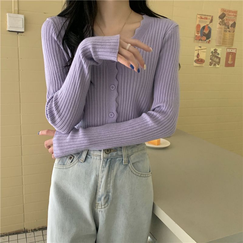 Early Autumn Korean Style Designed Short Minimalist Knitted Cardigan Lazy Style V-neck Long Sleeve Sweater Coat for Women
