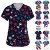 Women's Short Sleeve Independence Day Printed V-Neck Pocket Workwear Top