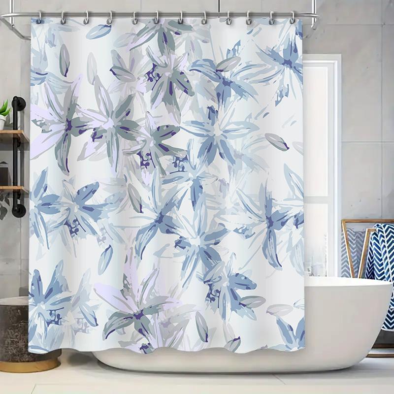Blue and White Flower Print Shower Curtain Waterproof Bathroom Decor for Home Decoration 180x200cm (White)