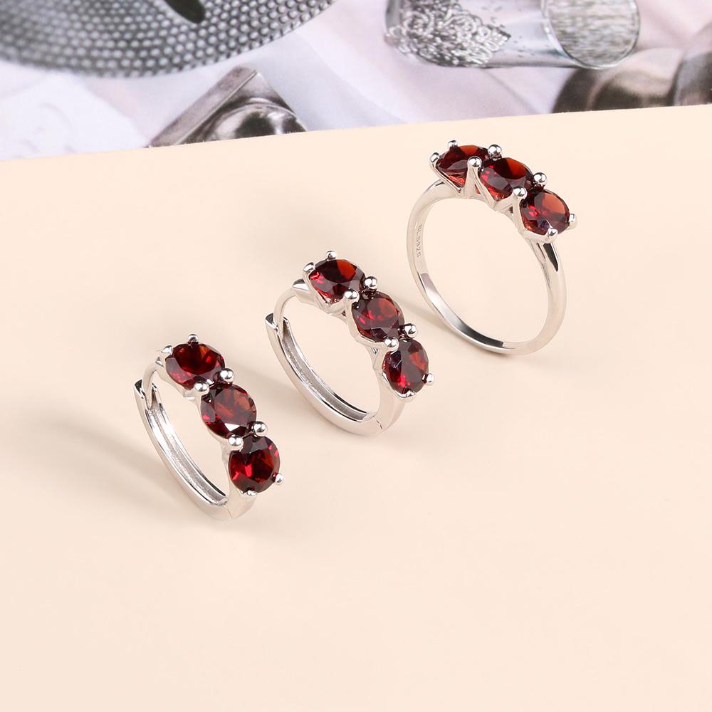 Bolaijewelry Simple Design Natural Garnet Ring Earrings Jewelry Set 925 Sterling Silver Fashion Women's Fine Jewelry
