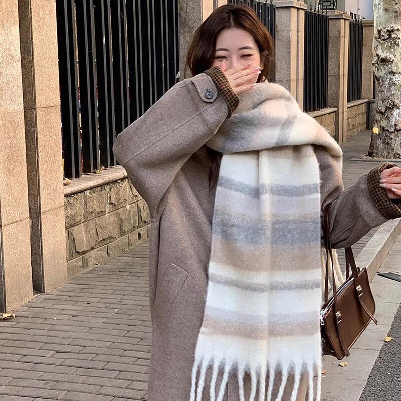 Scarf women's winter high-end sense, colored fluffy fringed large shawl, warm and versatile atmosphere, striped scarf