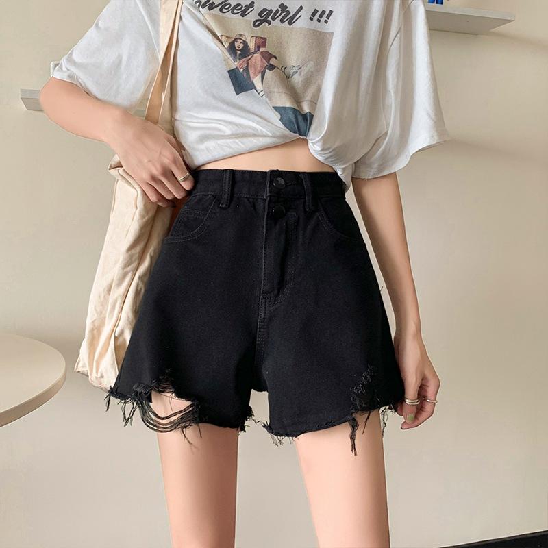 Summer Pants Classic and Minimalist Fashion Versatile Summer Women's Row Buckle High Waist Hole Thin Loose Outside Wear Wide Leg A Word Denim Shorts