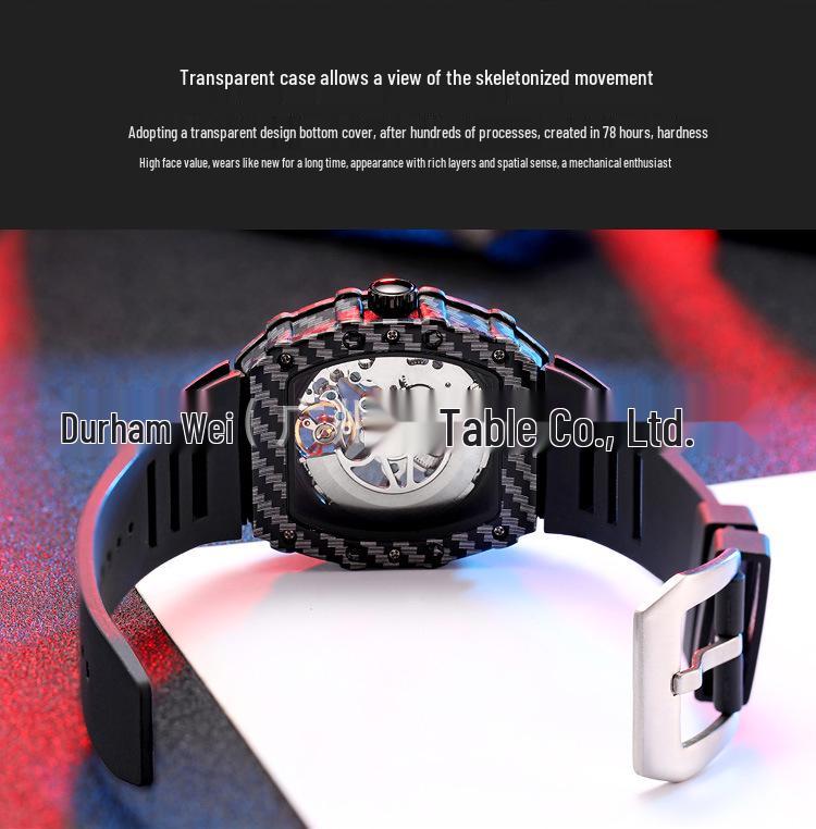 Мужские часы Durham Weida Tonneau Skeleton Tourbillon с автоподзаводом и резиновым ремешком.