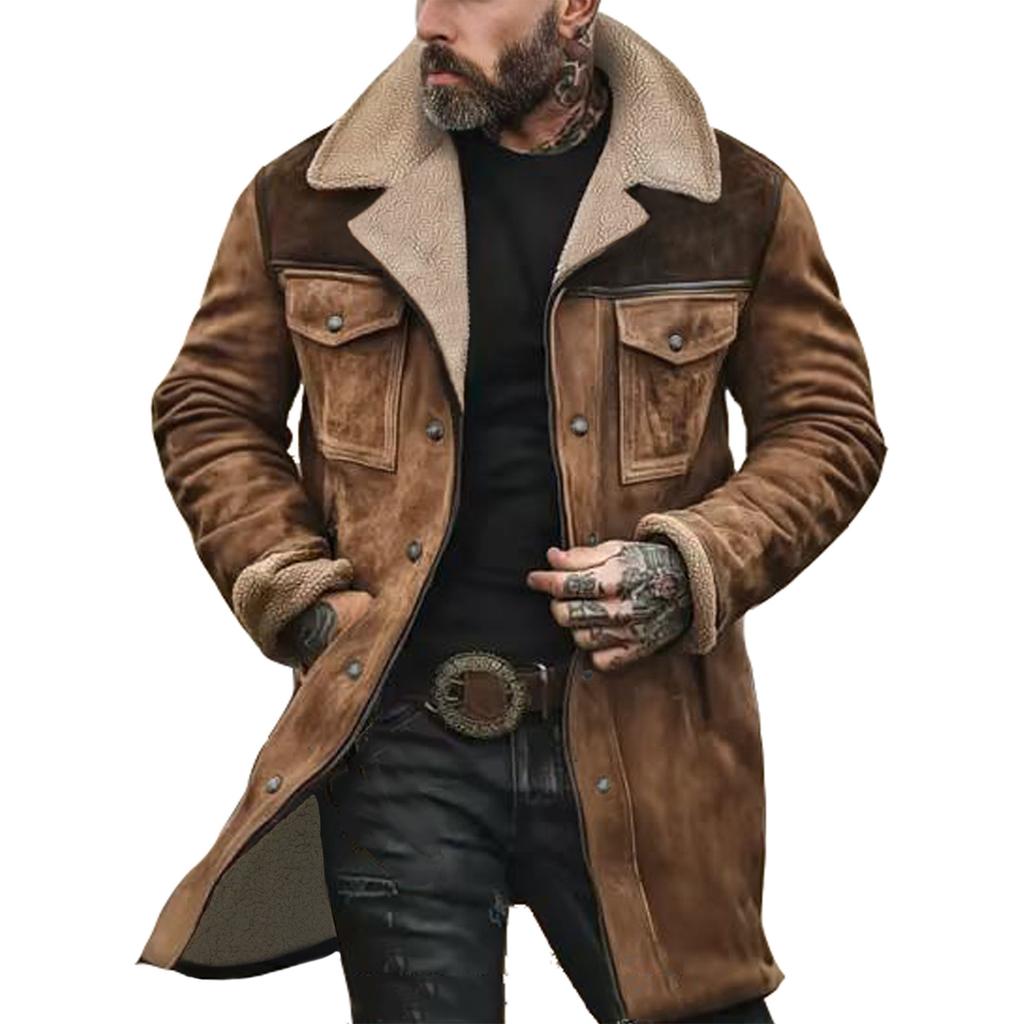 Men's Suede Color-matching Winter Jacket Multi-pocket Zipper Coat