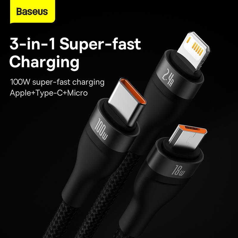 Baseus Flash Series One-for-three Fast Charging Data Cable USB To M+L+C 100W