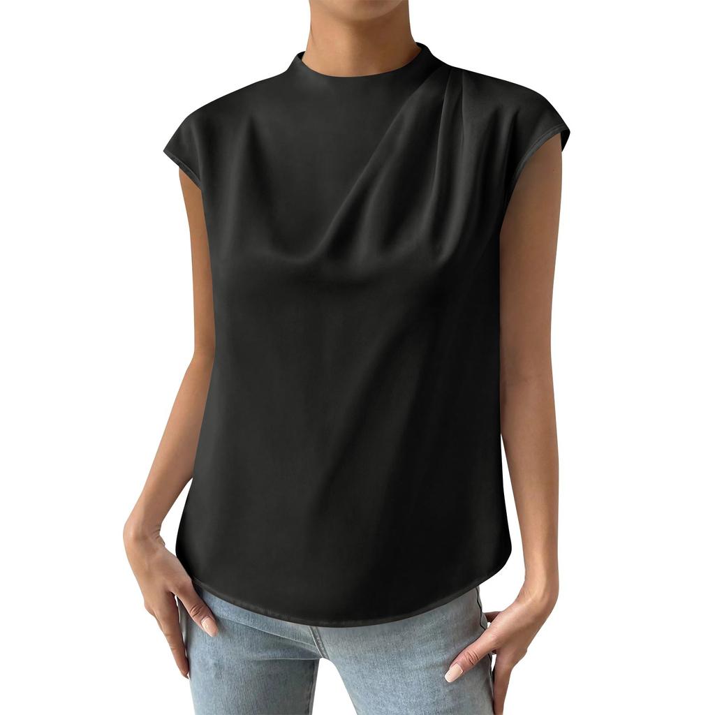 Женская повседневная элегантная атласная плиссированная рубашка с круглым вырезом, однотонный пуловер без рукавов, официальная рабочая рубашка, топ